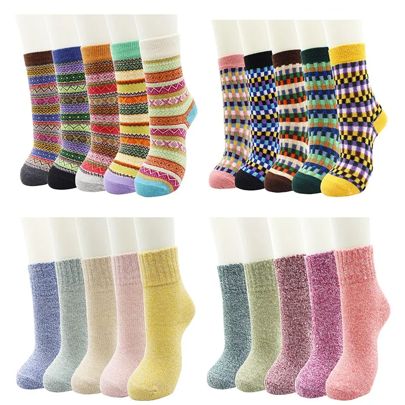 5 Pairs New Women's Winter Warm Socks Vintage Christmas Sock Harajuku Ethnic Style Cashmere Thermal Thicken Wool Sock for Women