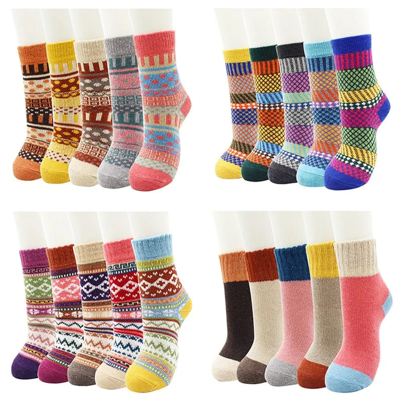 5 Pairs New Women's Winter Warm Socks Vintage Christmas Sock Harajuku Ethnic Style Cashmere Thermal Thicken Wool Sock for Women