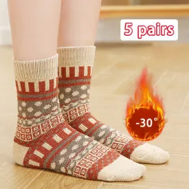 5 Pairs New Women's Winter Warm Socks Vintage Christmas Sock Harajuku Ethnic Style Cashmere Thermal Thicken Wool Sock for Women