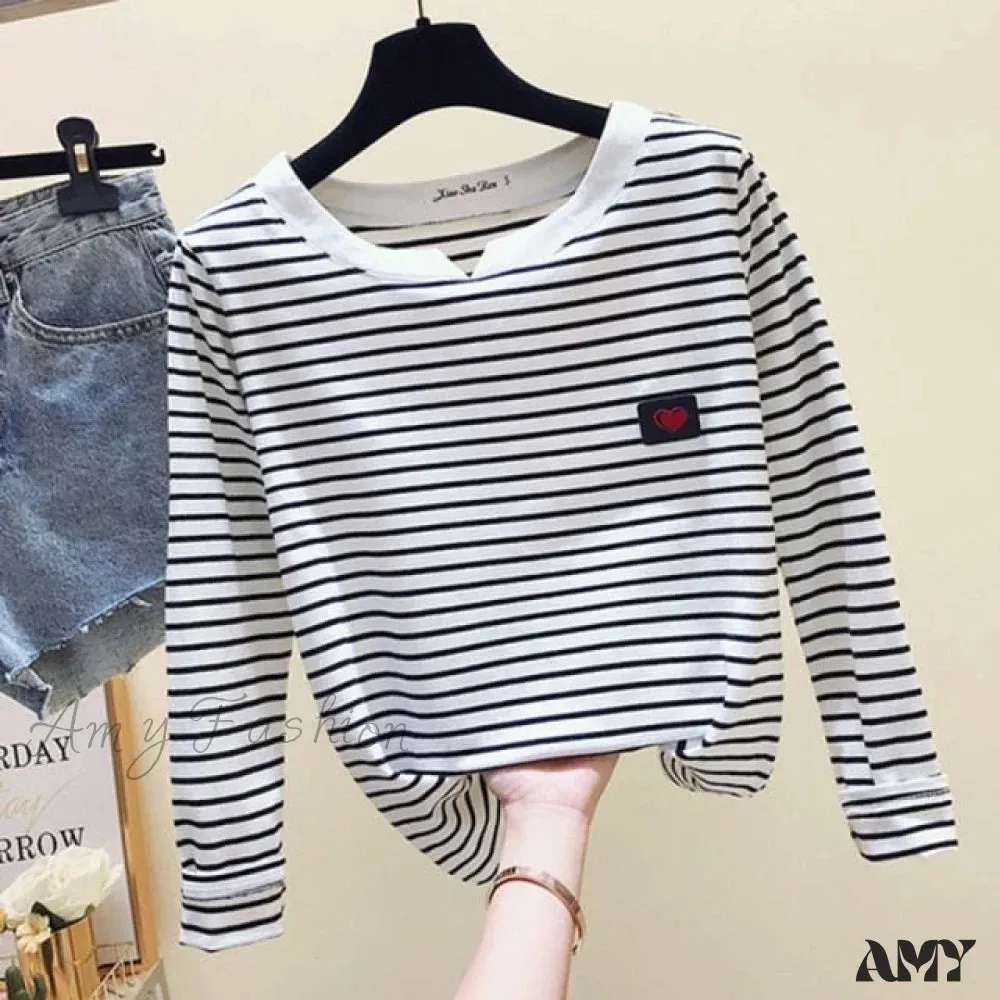 Amy Fashion - Long Sleeve Korean Style Slim Basic Cotton T-shirt