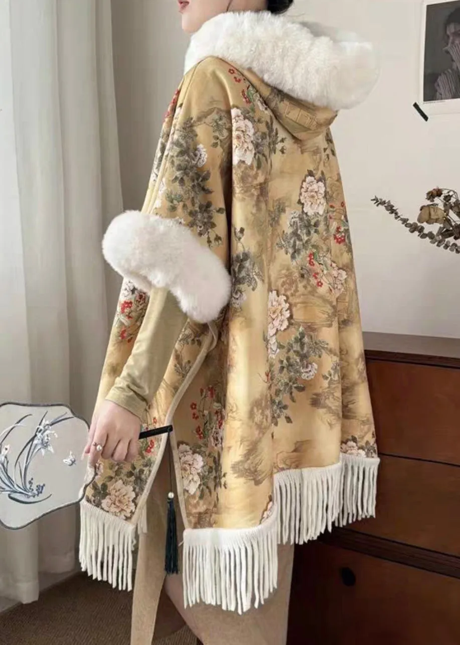 Art Yellow Fur Collar Print Side Open Warm Fleece Coats Winter RZ018