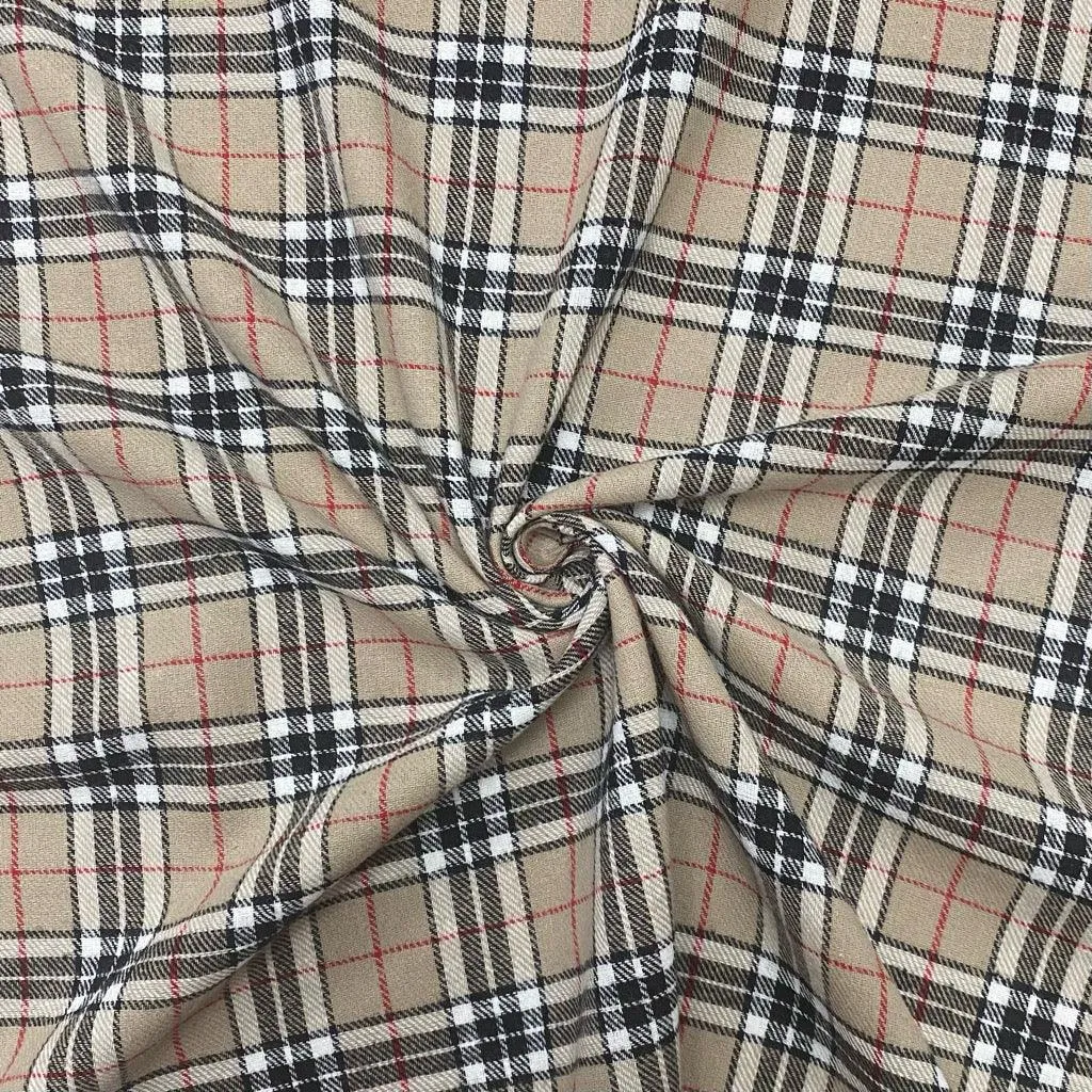 Beige Checkered Design Brushed Cotton Fabric