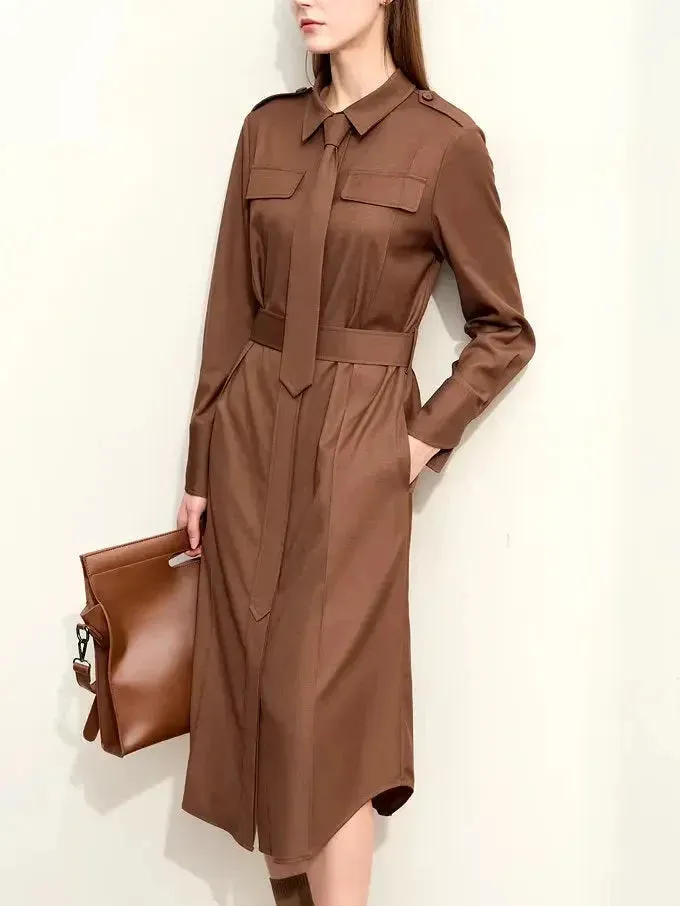 Belted Military Style Shirt Dress with Tie