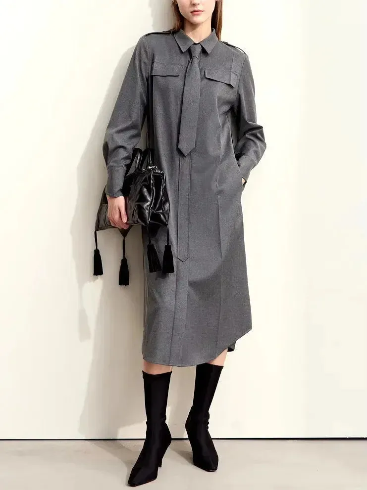 Belted Military Style Shirt Dress with Tie