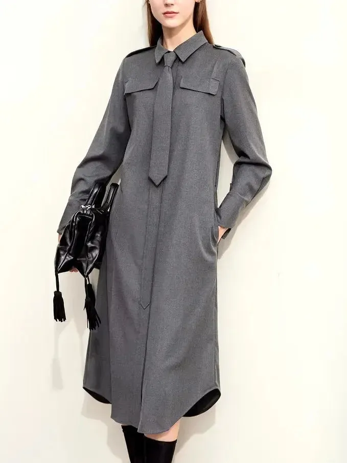 Belted Military Style Shirt Dress with Tie