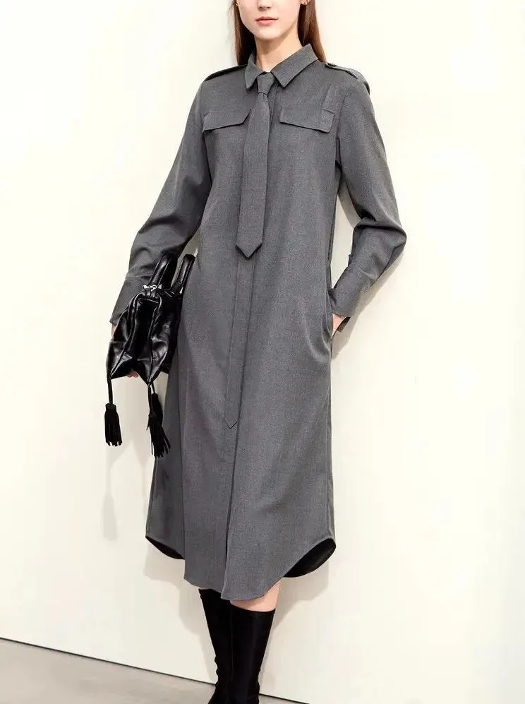 Belted Military Style Shirt Dress with Tie