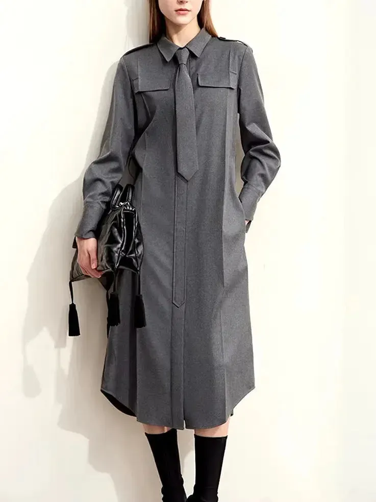 Belted Military Style Shirt Dress with Tie