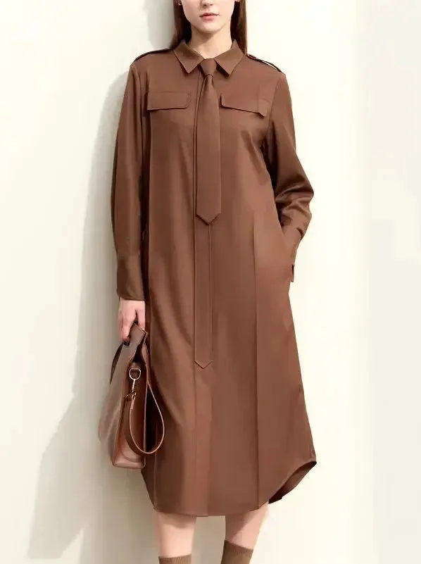 Belted Military Style Shirt Dress with Tie