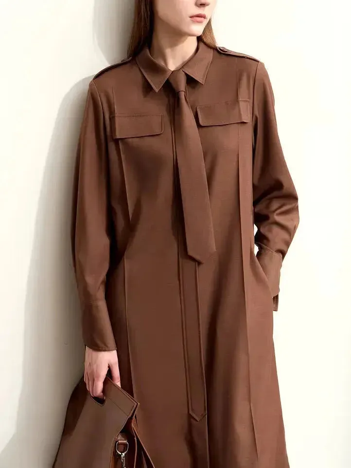 Belted Military Style Shirt Dress with Tie