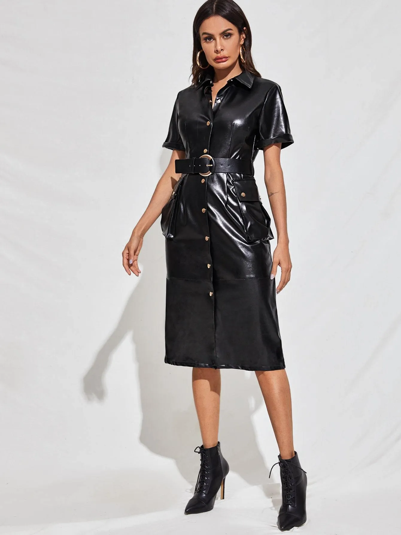 Belted PU Leather Shirt Dress