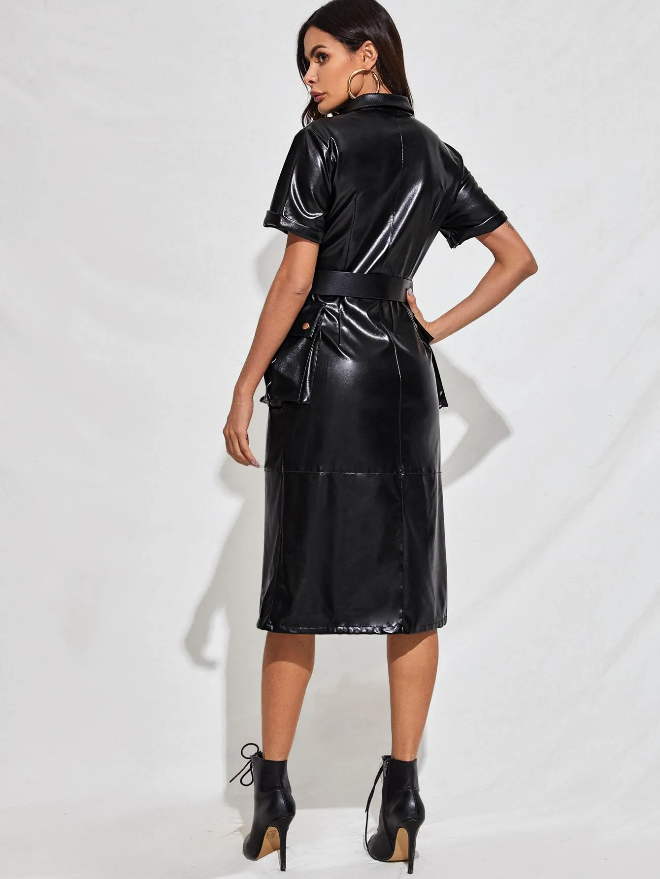 Belted PU Leather Shirt Dress