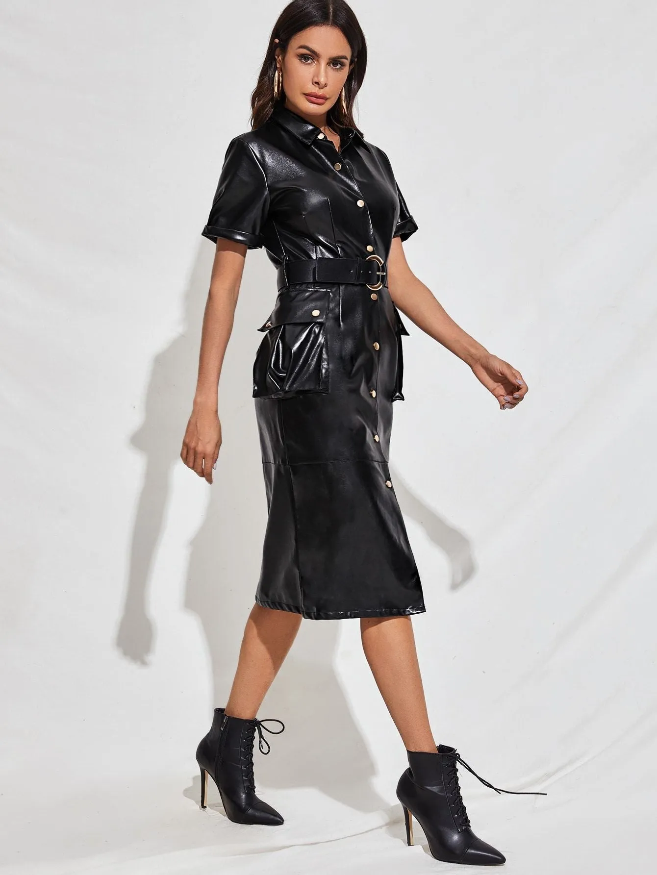 Belted PU Leather Shirt Dress