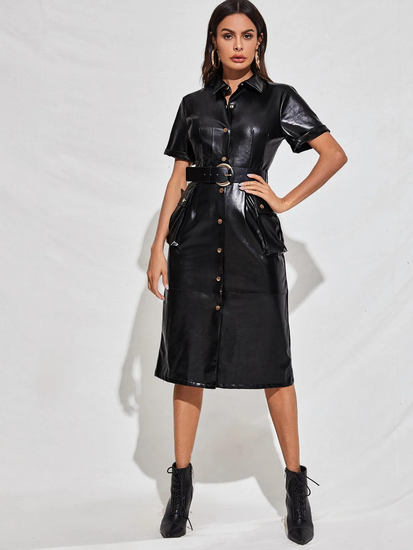 Belted PU Leather Shirt Dress