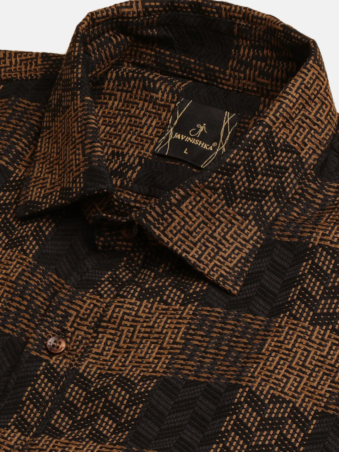 Black and Gold Embroidered Check Cotton Flannel Party Wear Shirt