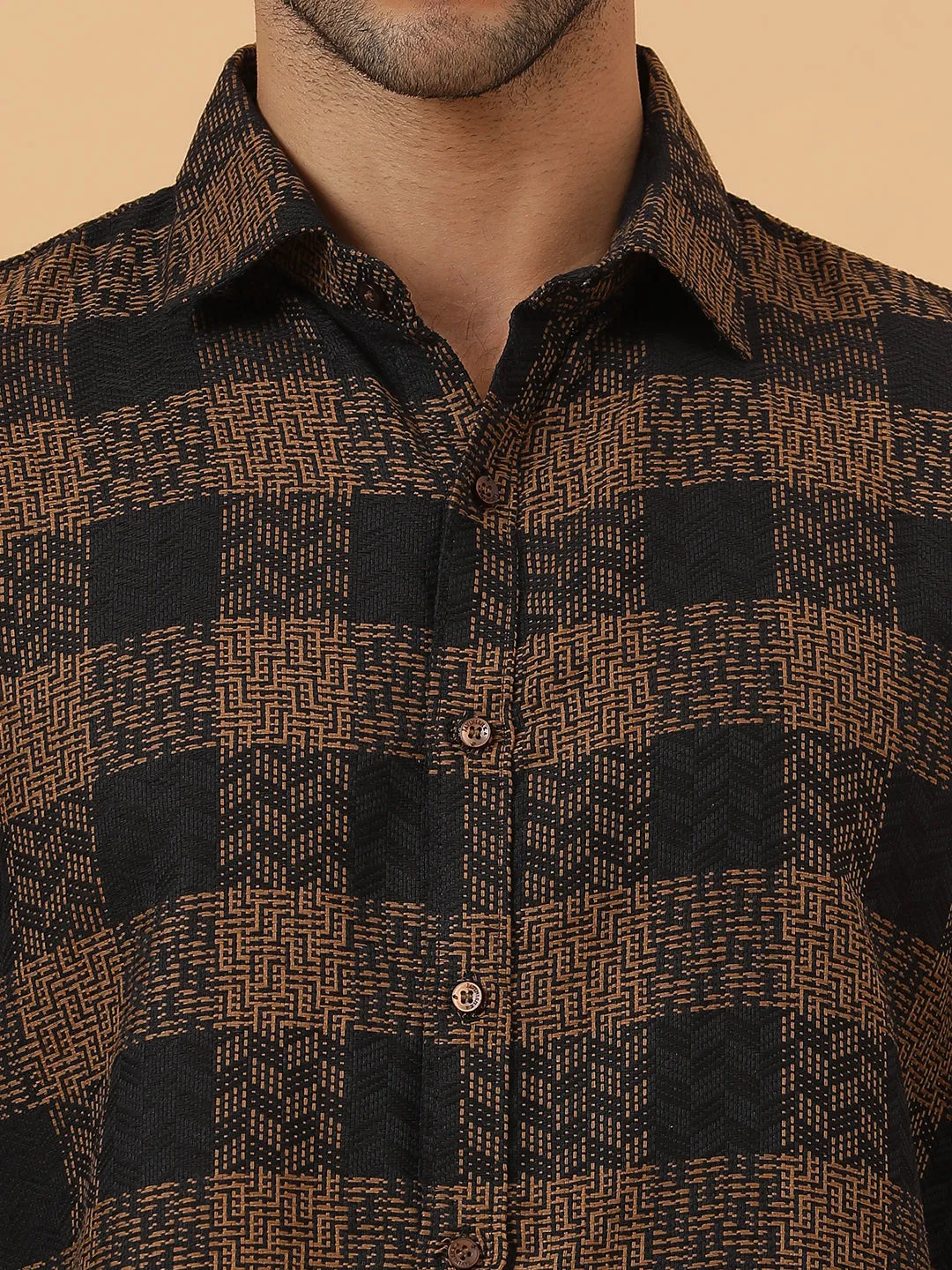 Black and Gold Embroidered Check Cotton Flannel Party Wear Shirt