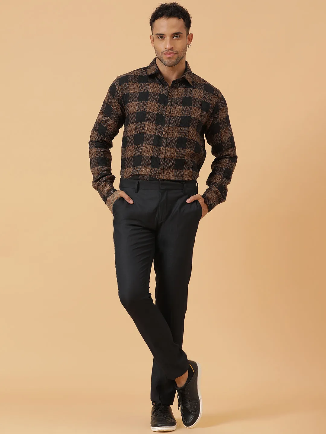 Black and Gold Embroidered Check Cotton Flannel Party Wear Shirt