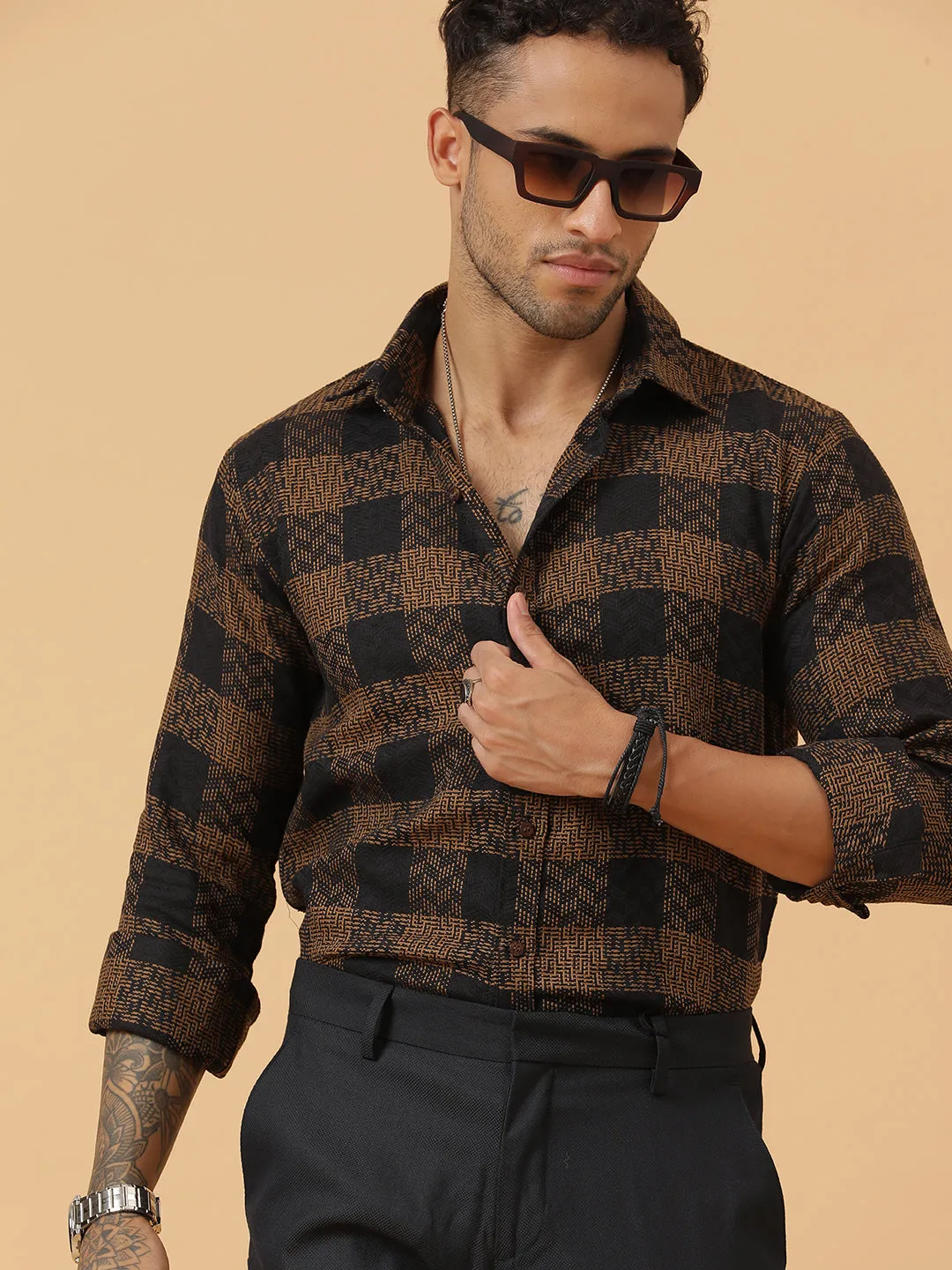 Black and Gold Embroidered Check Cotton Flannel Party Wear Shirt