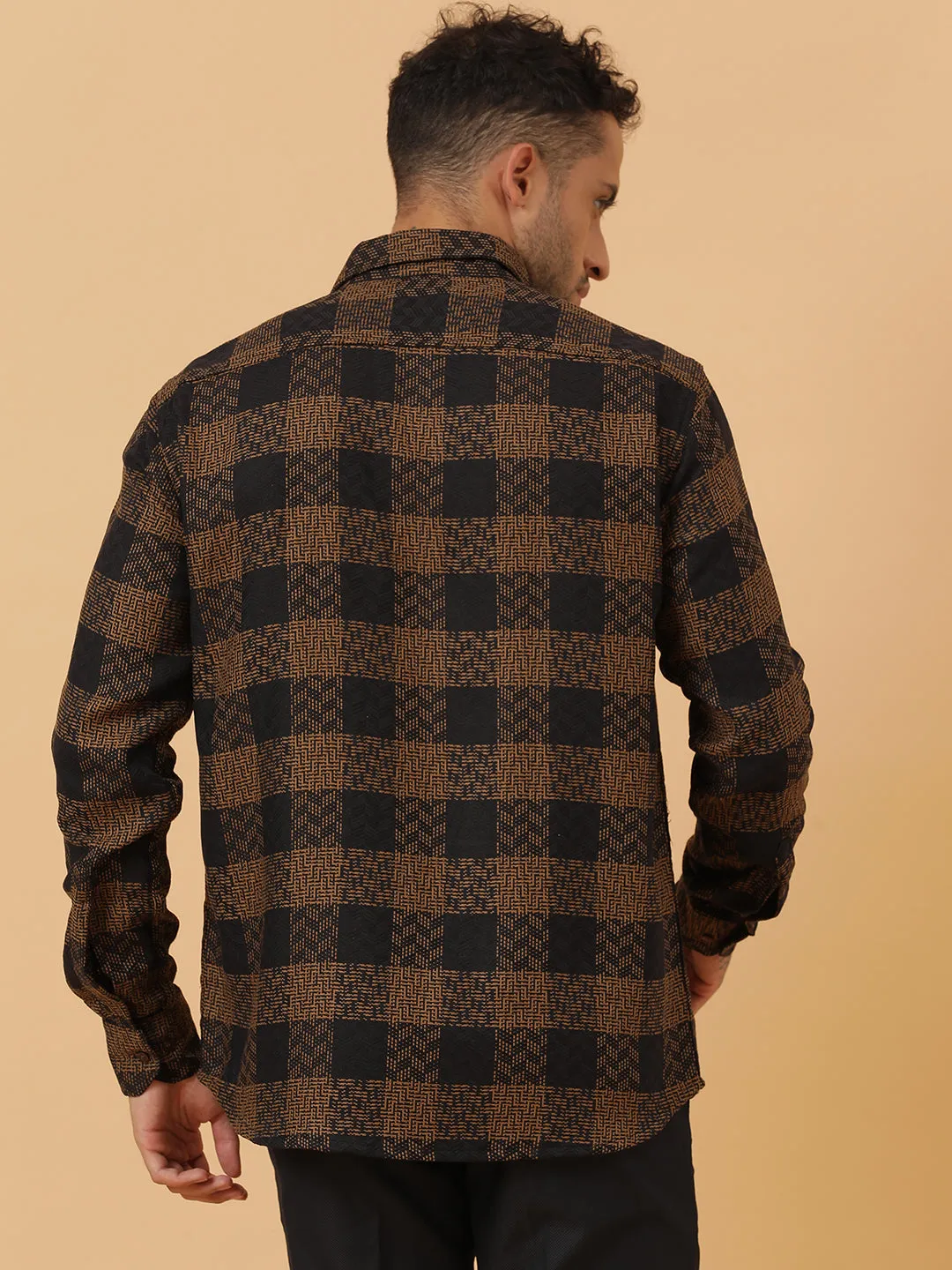 Black and Gold Embroidered Check Cotton Flannel Party Wear Shirt