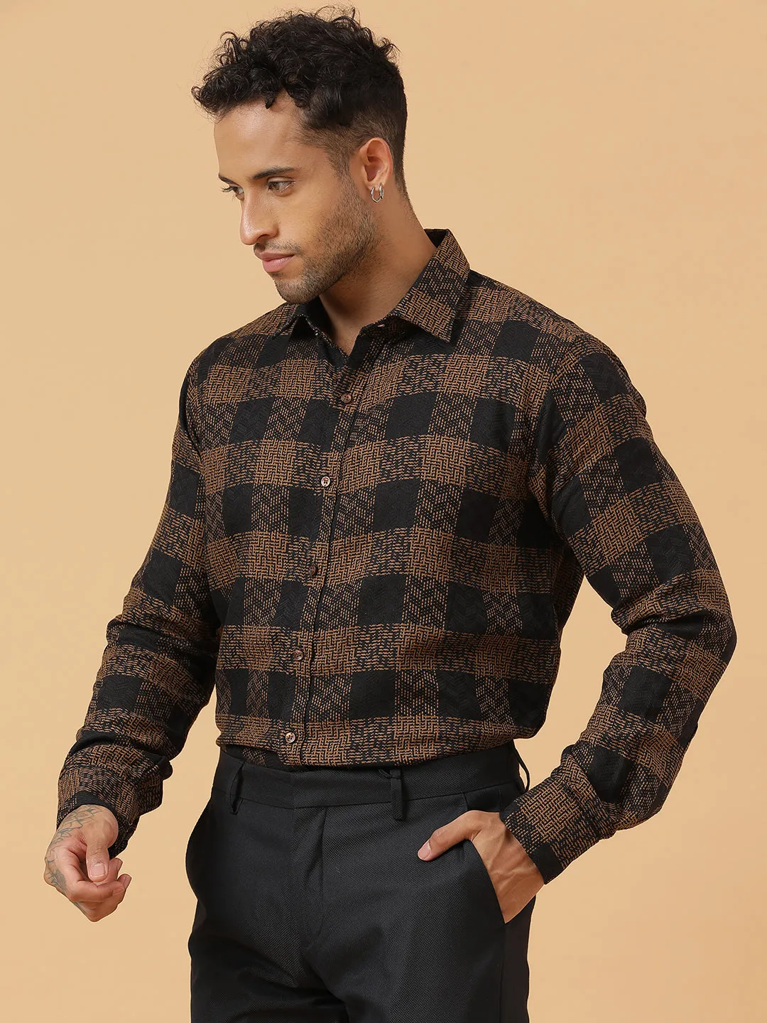 Black and Gold Embroidered Check Cotton Flannel Party Wear Shirt