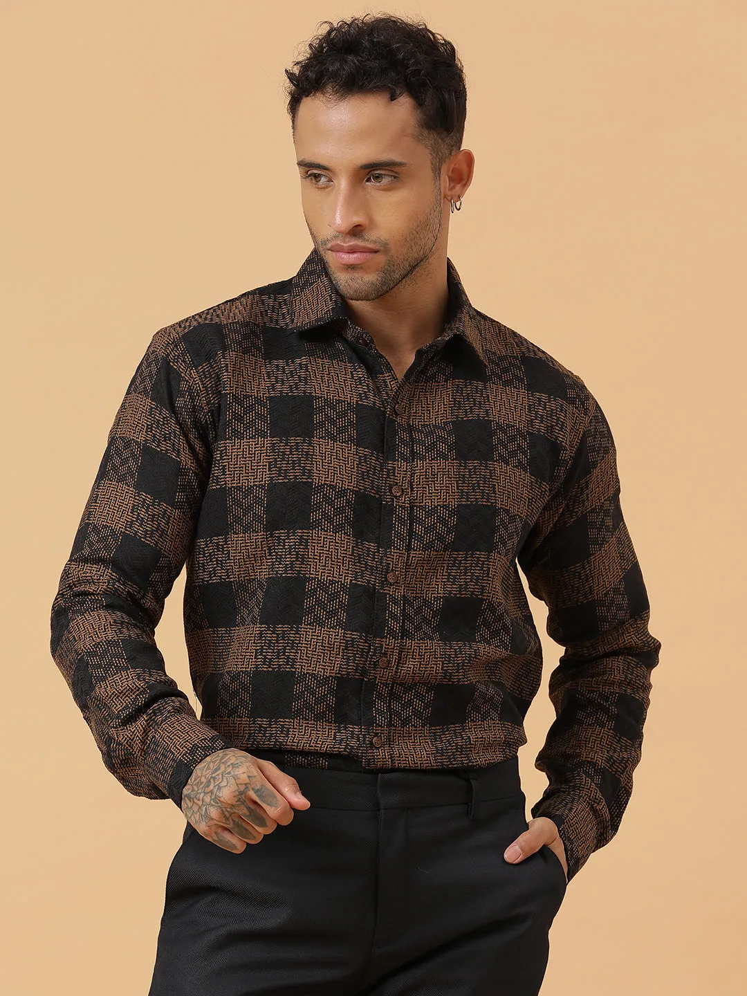 Black and Gold Embroidered Check Cotton Flannel Party Wear Shirt