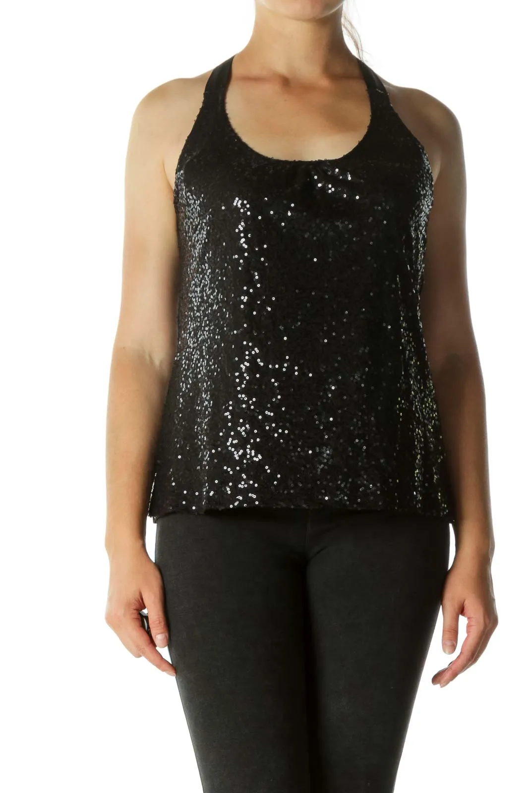 Black Sequined Thin Racerback Tank Tops