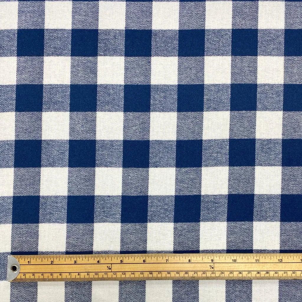 Blue and Ivory Checkered Brushed Cotton Fabric