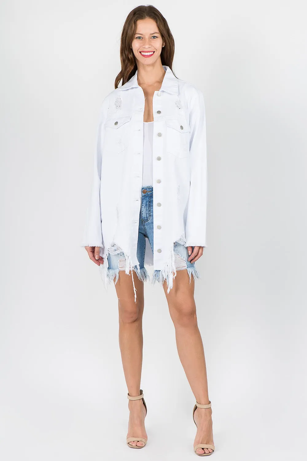 Blue Zone Planet |  American Bazi Distressed Frayed Hem Denim Jacket