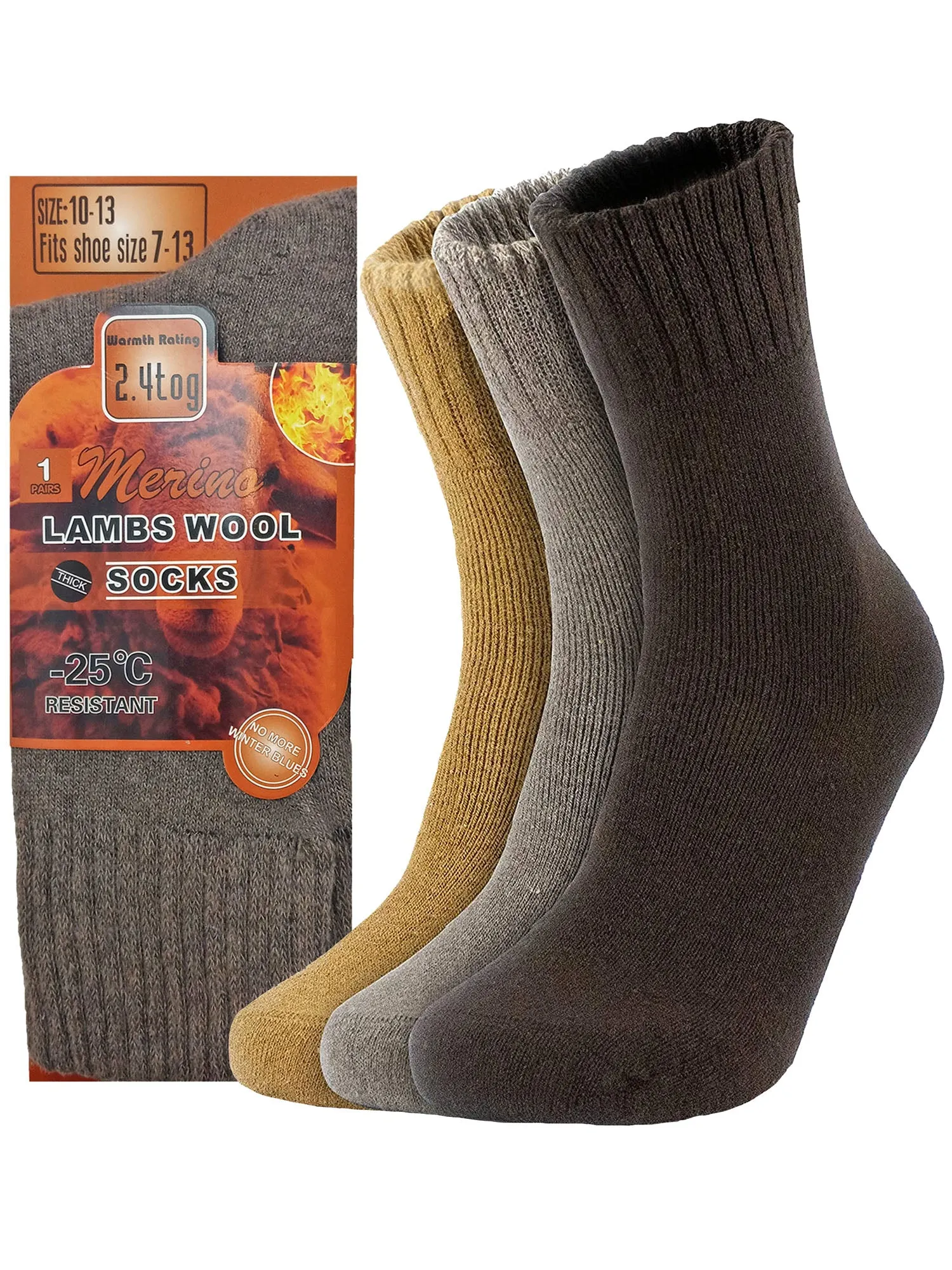 Brown Beige Tan Mens 3-Pack Thick Thermal Wool Heated Socks