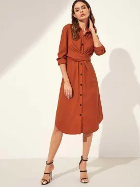 Button Through Self Tie Shirt Dress