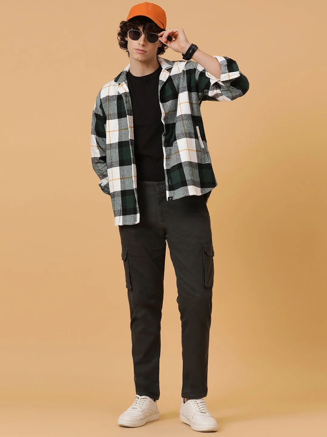 Checkered Flannel Double Kangaroo Pocket Oversized Unisex Shacket