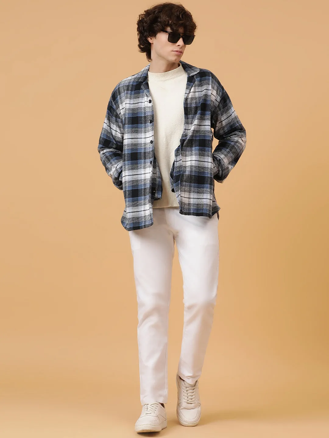 Checkered Flannel Double Kangaroo Pocket Oversized Unisex Shacket