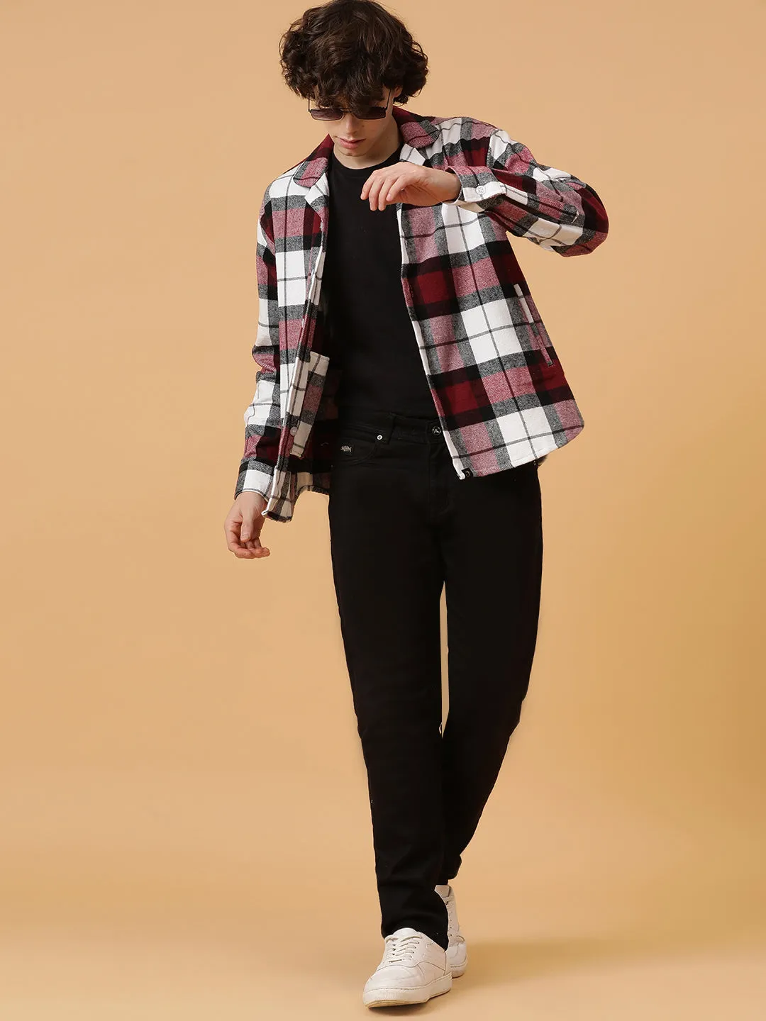 Checkered Flannel Double Kangaroo Pocket Oversized Unisex Shacket