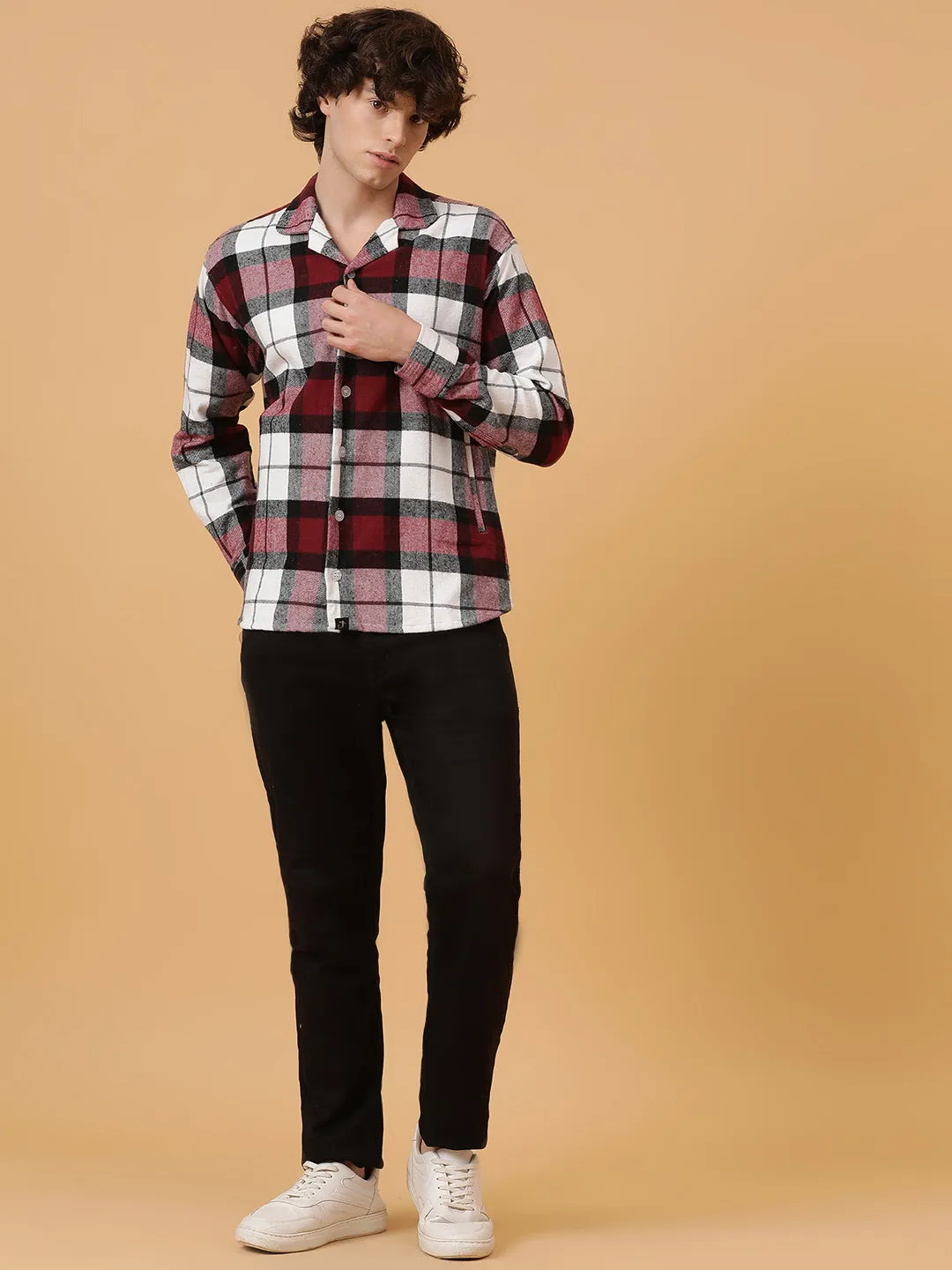 Checkered Flannel Double Kangaroo Pocket Oversized Unisex Shacket