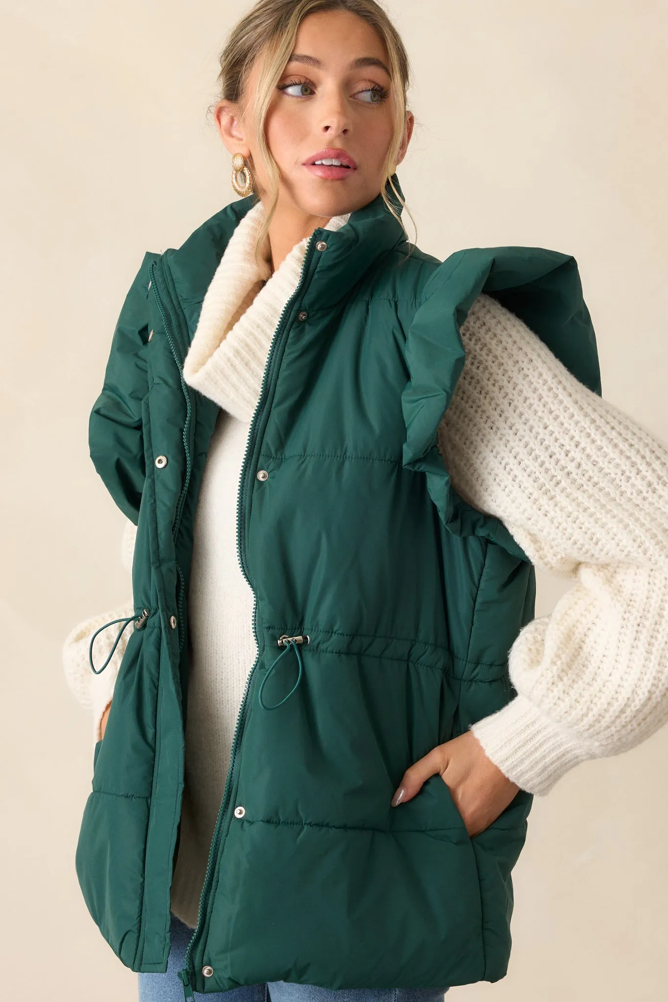 Cherry On Top Forest Green Flutter Sleeve Puffer Vest