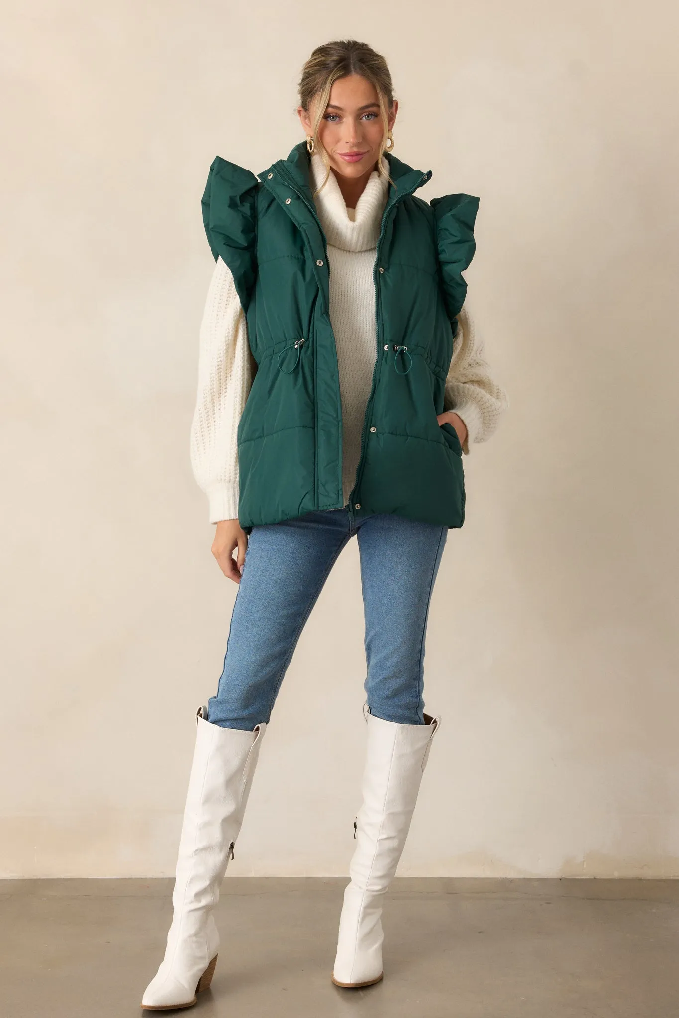 Cherry On Top Forest Green Flutter Sleeve Puffer Vest