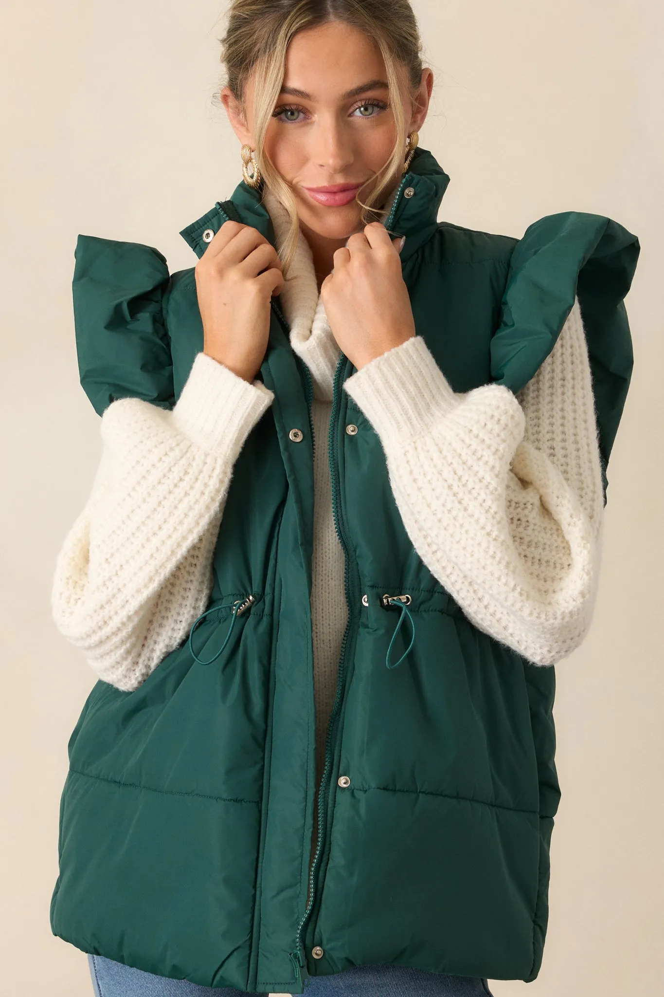 Cherry On Top Forest Green Flutter Sleeve Puffer Vest