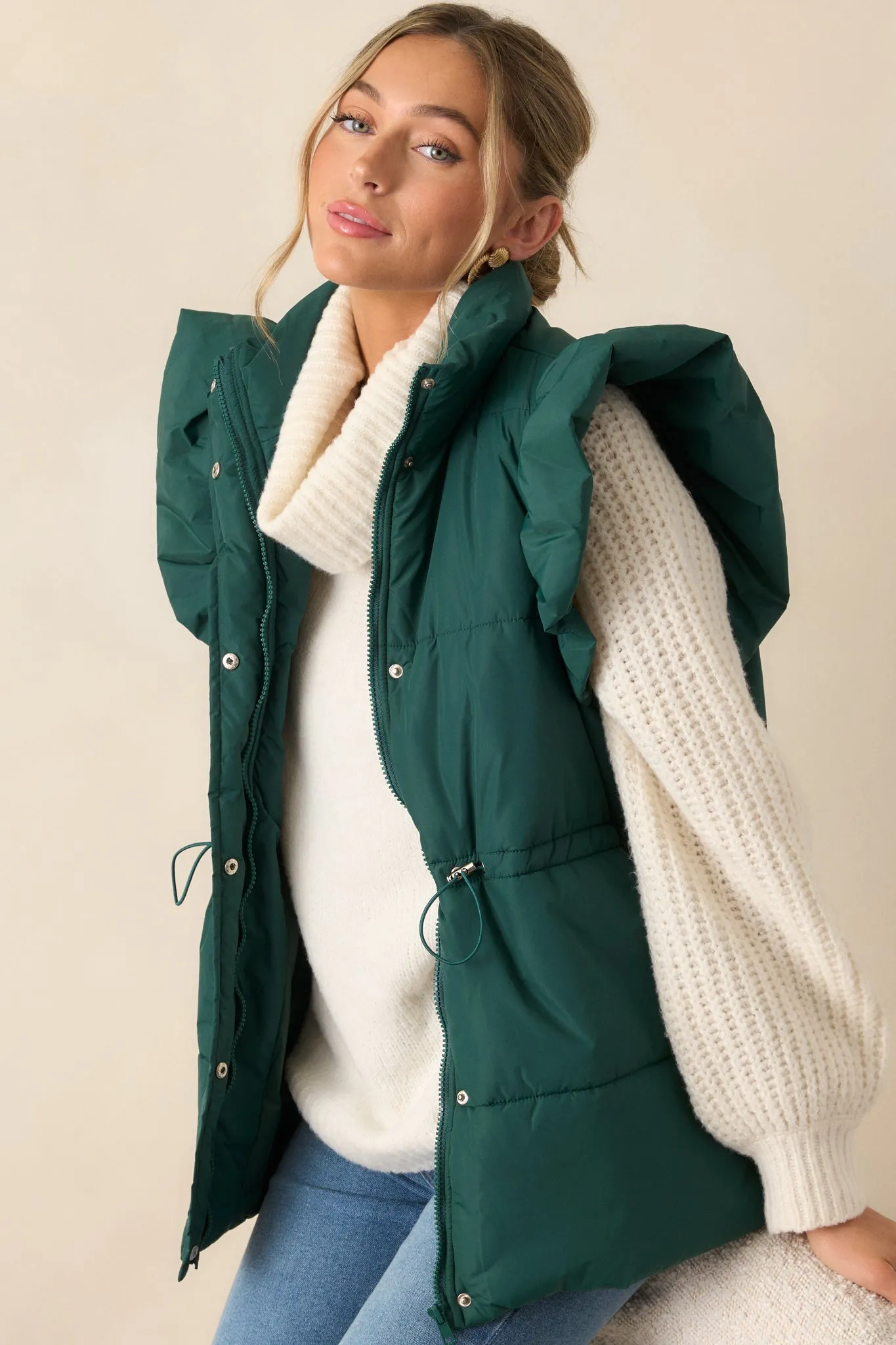 Cherry On Top Forest Green Flutter Sleeve Puffer Vest