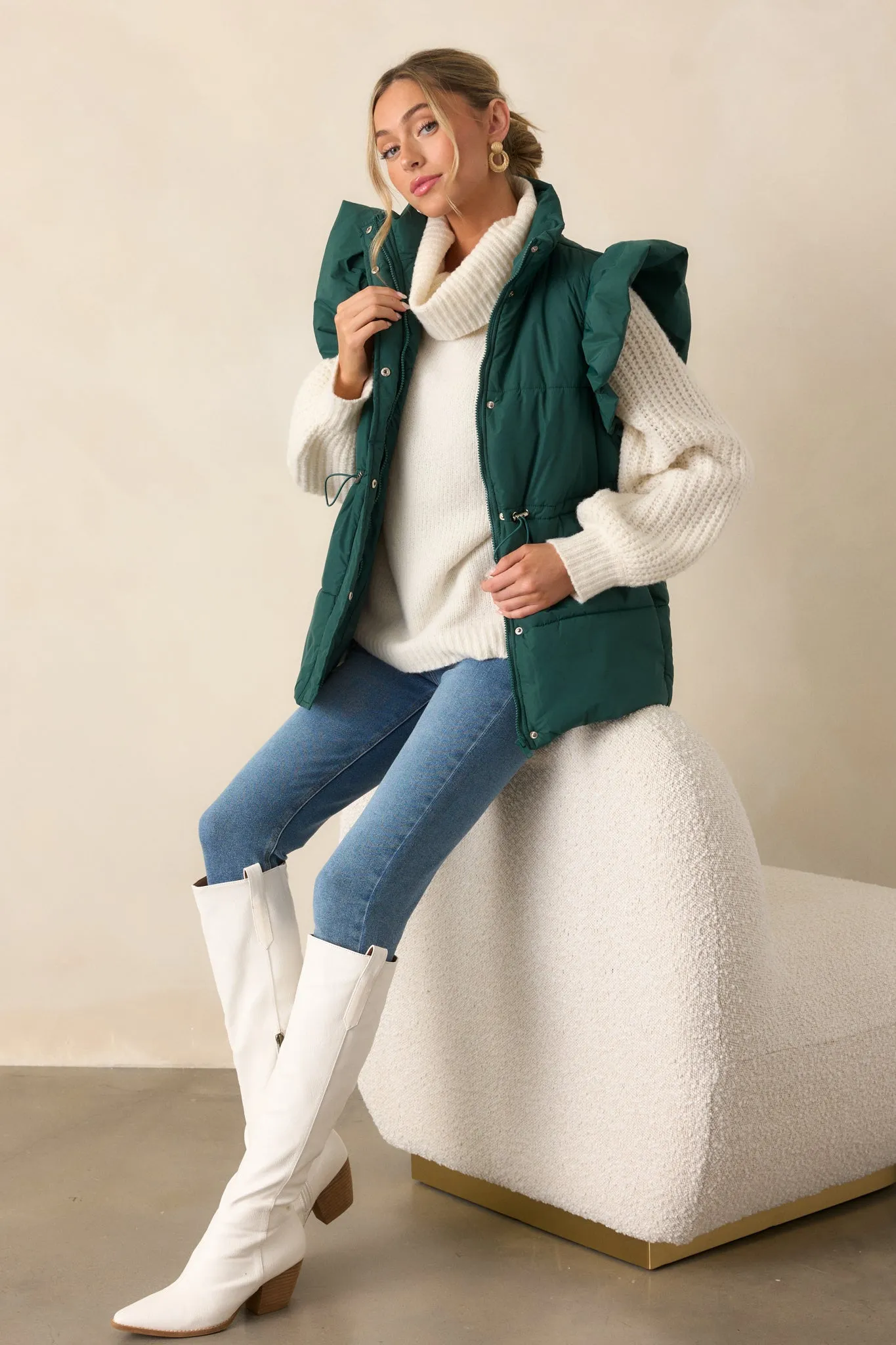 Cherry On Top Forest Green Flutter Sleeve Puffer Vest