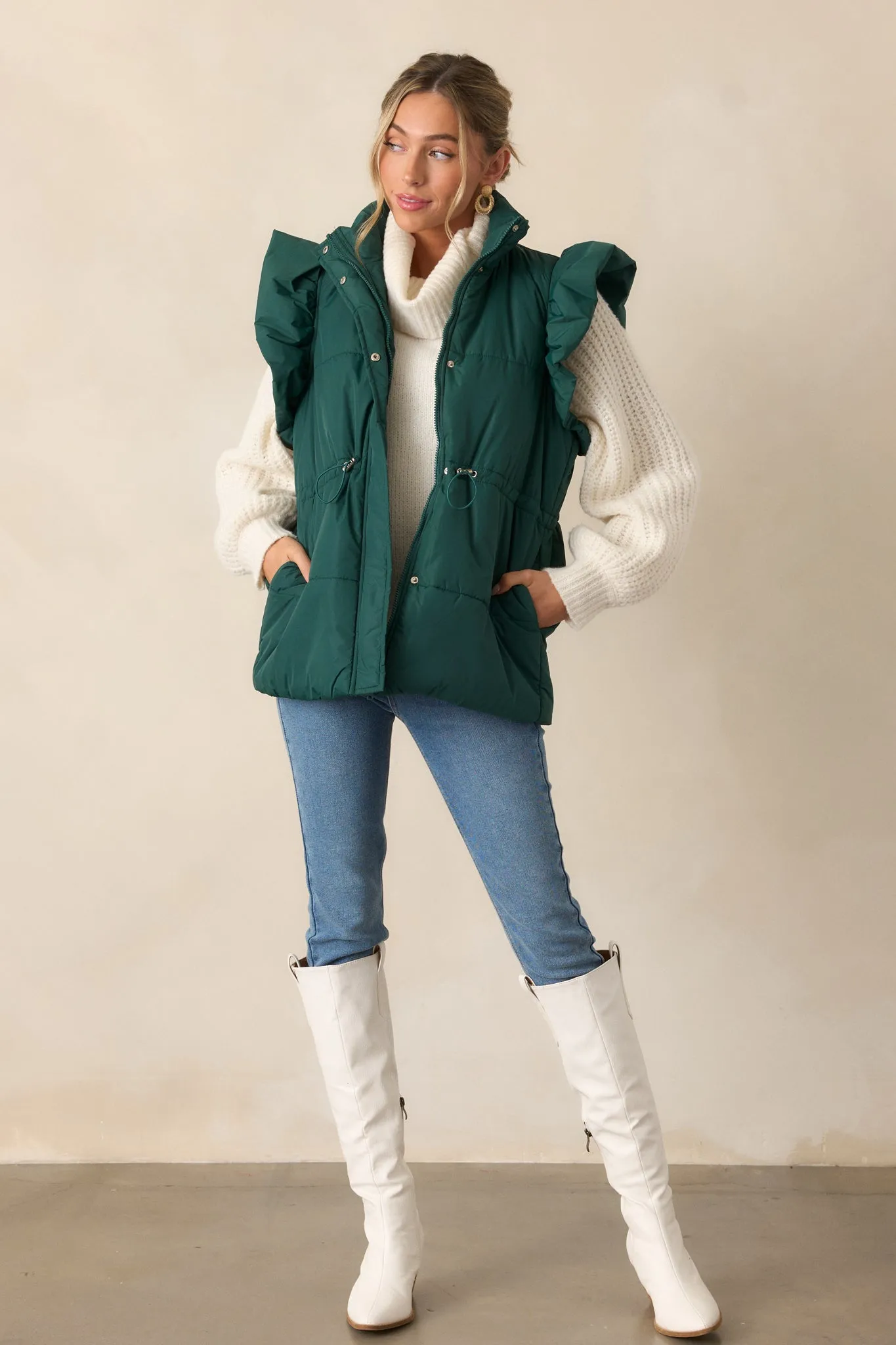 Cherry On Top Forest Green Flutter Sleeve Puffer Vest