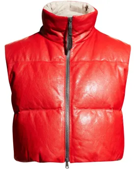 Chili Red Leather Crop Puffer Vest