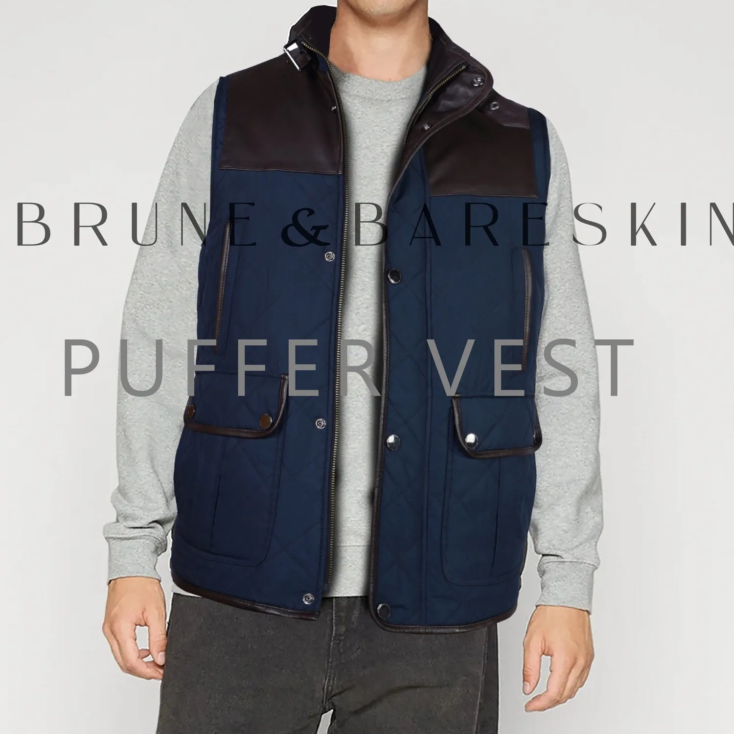 Contrasting Trims Block Blue Puffer Vests