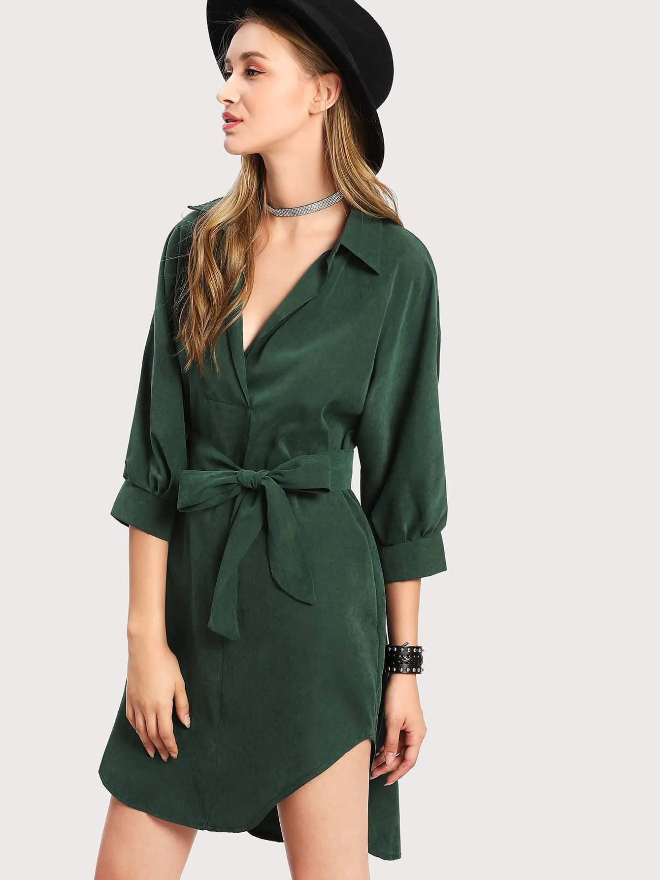 Curved Hem Belted Shirt Dress