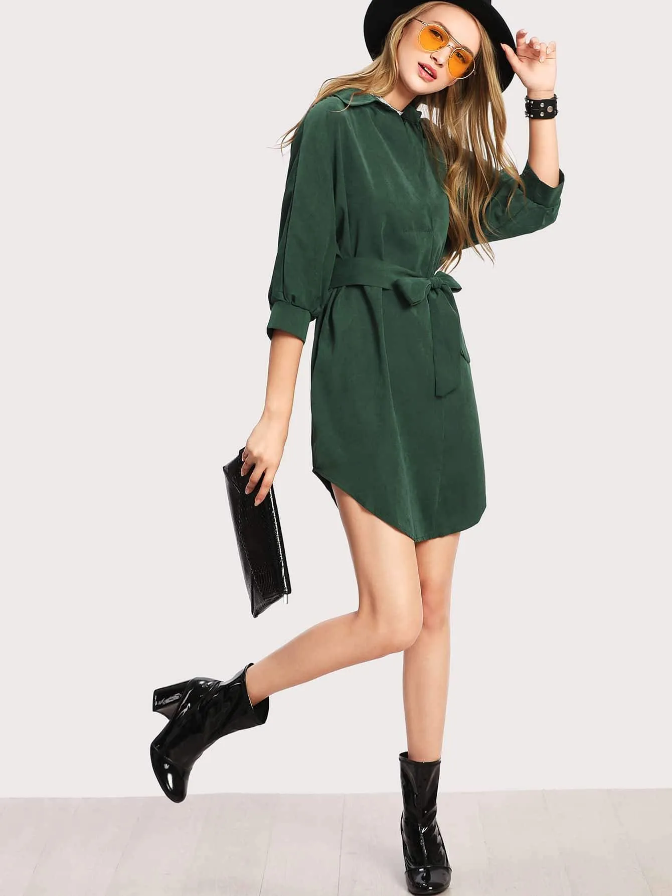 Curved Hem Belted Shirt Dress