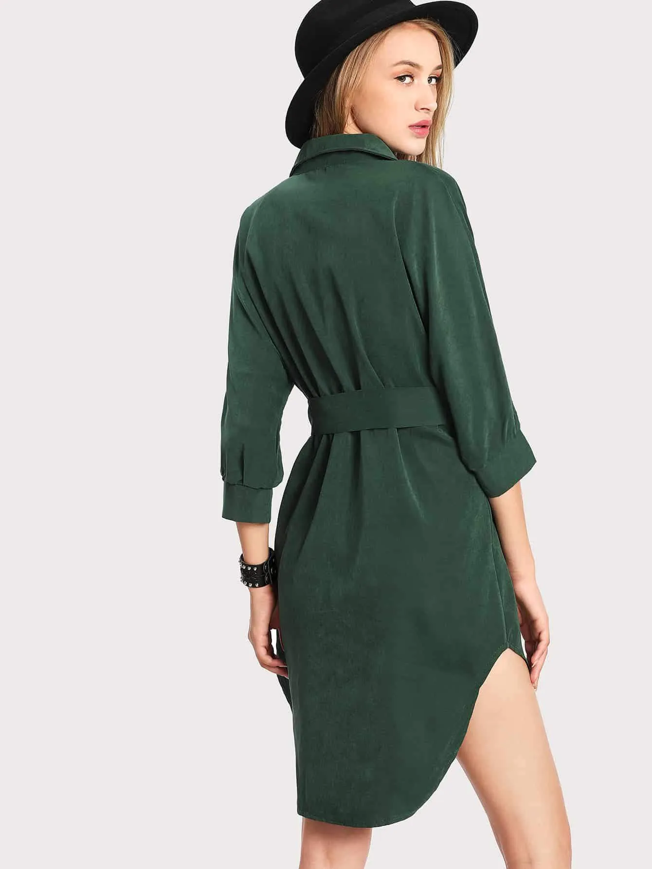 Curved Hem Belted Shirt Dress