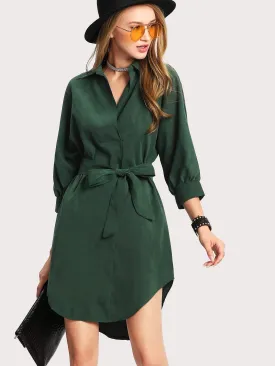 Curved Hem Belted Shirt Dress