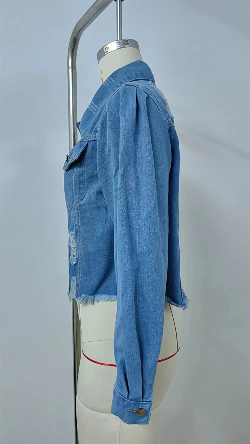 Distressed Cropped Denim Jacket in Light Wash for Women