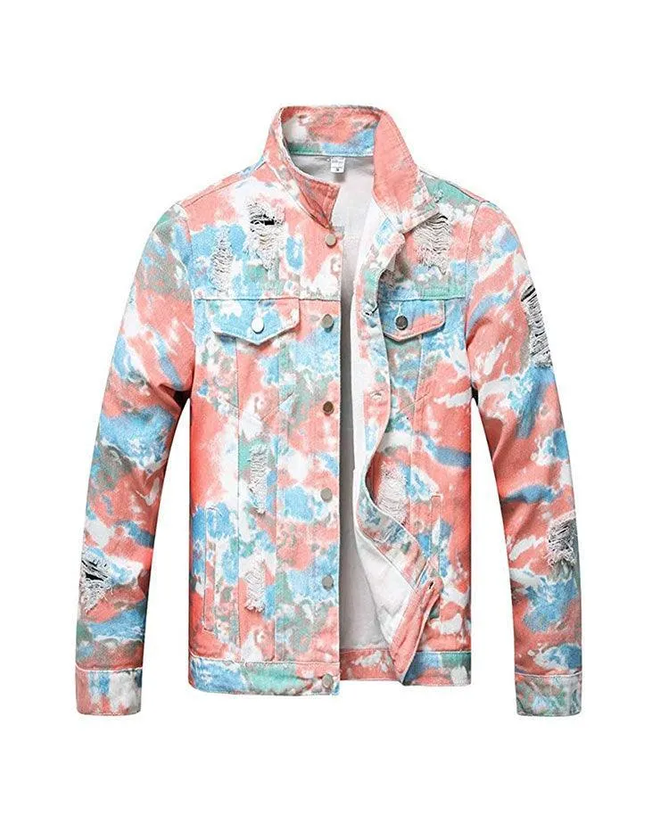 Distressed Floral Tie Dye Denim Jackets