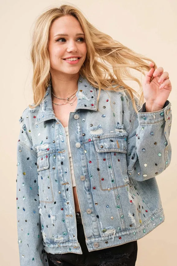 Distressed Jewel Embellish Stone Denim Jacket