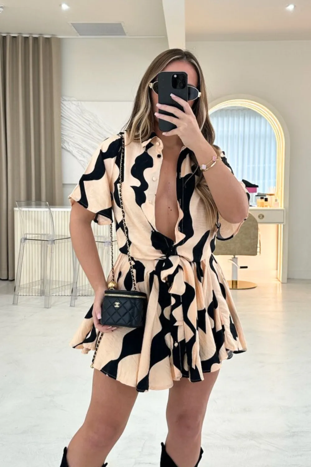 Eviee black patterned tie waist shirt dress