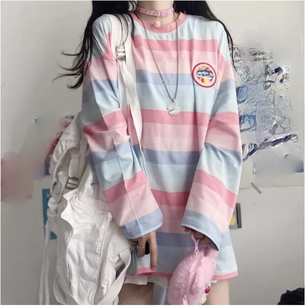 Fashionkova  Harajuku Loose T-Shirts For Women Spring Autumn Female T-Shirt Casual O-Neck Stripe Long Sleeve Oversized Top Hip Hop Streetwear